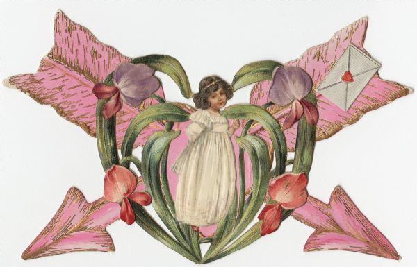 1890 - Valentine with Girl, Flowers and Arrows